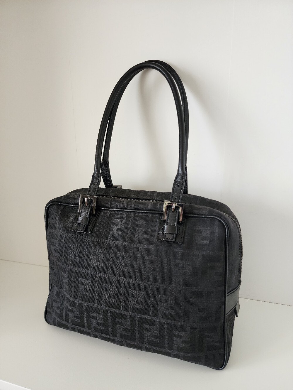Fendi Zucca Black and Silver Top Handle East West Shoulder Tote Bag